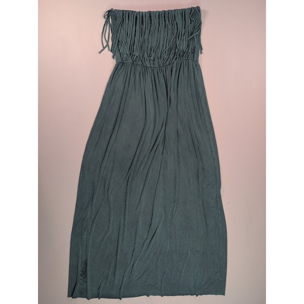 T Party Womens Strapless Fringe Maxi Dress Teal Blue Boho Festival Large